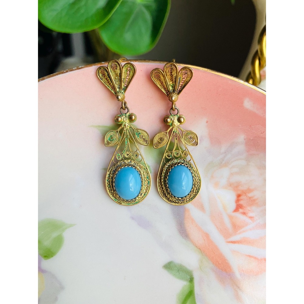 Vintage Filigree Drop Earrings Blue Cabochon Gold Tone Victorian Etruscan